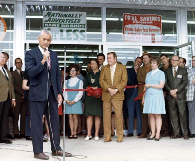 Sam Walton speaks to the community during event at first Walmart in Rogers, Arkansas.