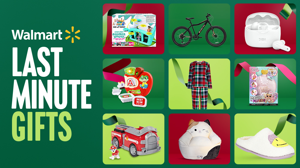 Green background with text reading "Walmart Last Minute Gifts" with a collage of products like a bounce house, bike, earbuds, LOL Surprise! doll, VTech toy, pajamas, and slippers.