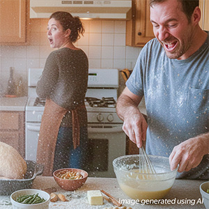 A domestic kitchen scene featuring a man whisking batter in a glass bowl while a woman stands in the background. The countertop displays various ingredients, including green beans, bread, and a bowl of chopped vegetables.