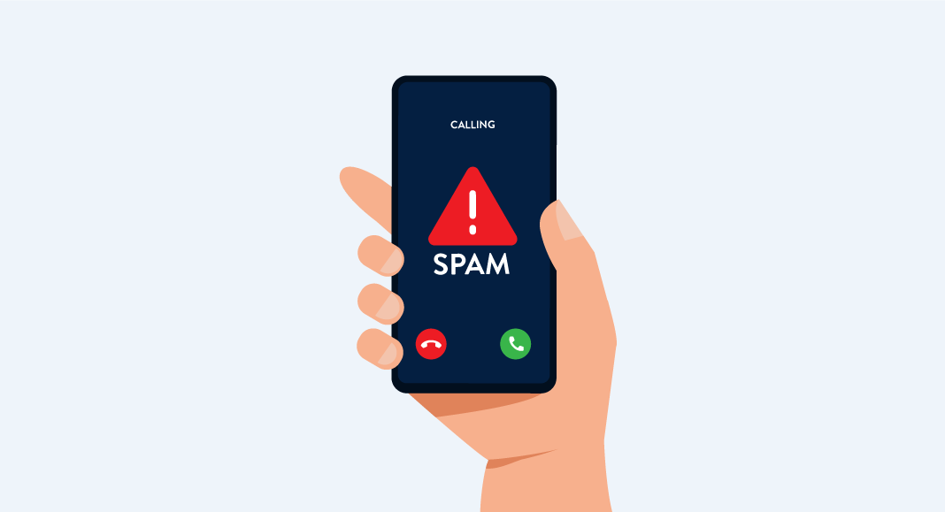 Illustration of person holding phone with spam alert