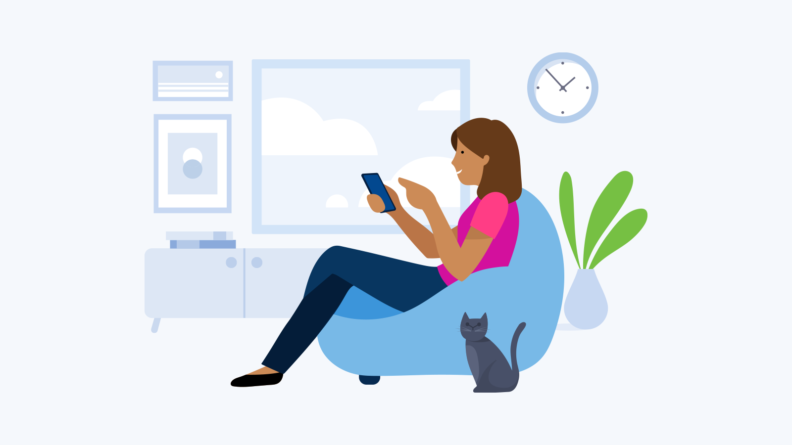 Illustration of person looking at a smart phone in a lounge chair with a cat sitting along side